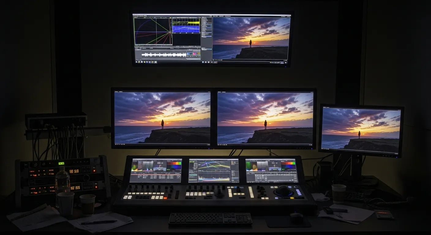 Professional color-grading suite with multiple monitors displaying sunset footage and color scopes